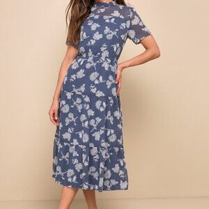 Lulus Floral Dusty Blue Floral Print Midi Dress - Size S